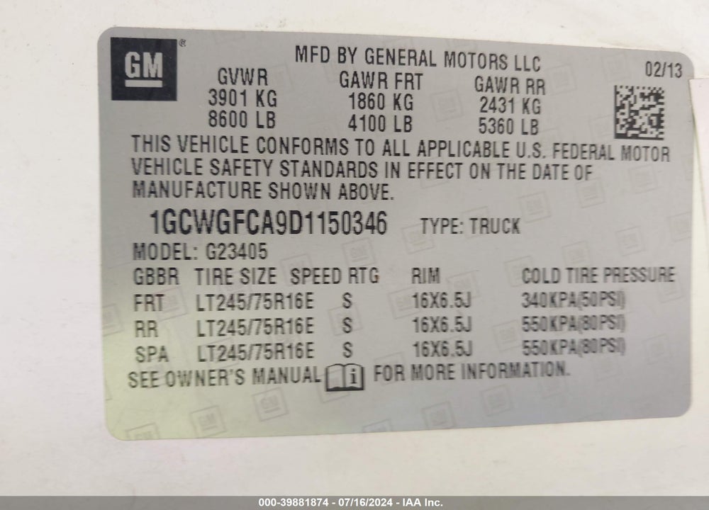 2013 CHEVROLET EXPRESS 2500 VIN: 1GCWGFCA9D1150346