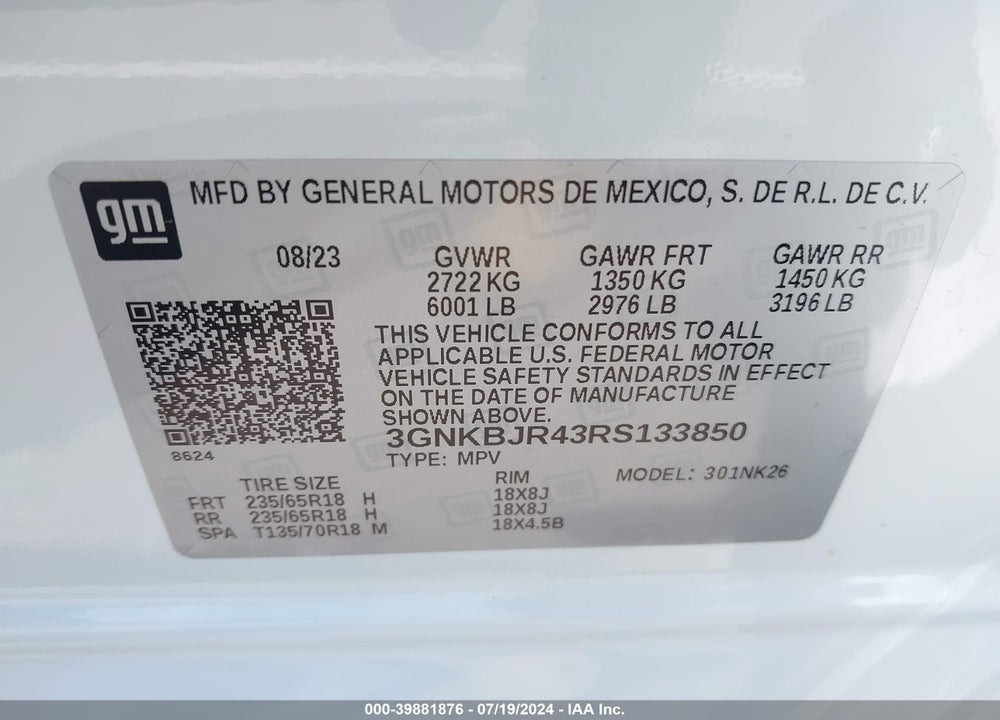2024 CHEVROLET BLAZER AWD 3LT VIN: 3GNKBJR43RS133850