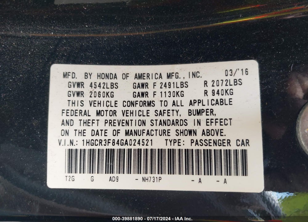 2016 HONDA ACCORD EX-L V-6 VIN: 1HGCR3F84GA024521