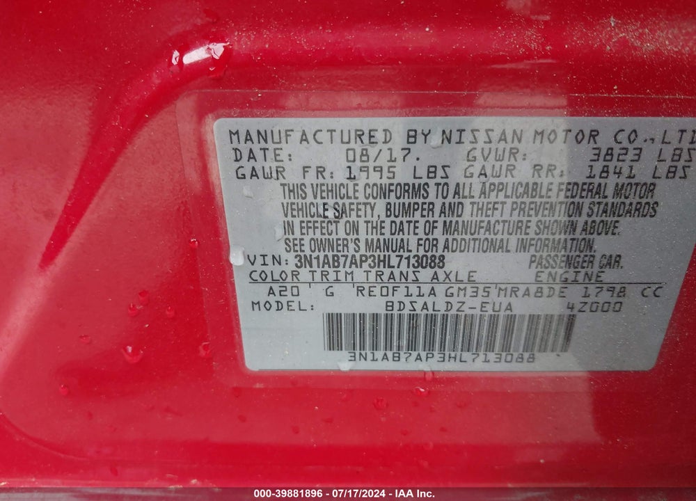 2017 NISSAN SENTRA SV VIN: 3N1AB7AP3HL713088