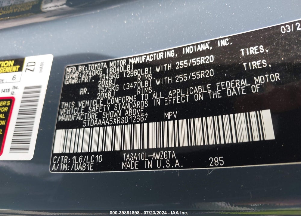 2024 TOYOTA GRAND HIGHLANDER LIMITED VIN: 5TDAAAA5XRS012667