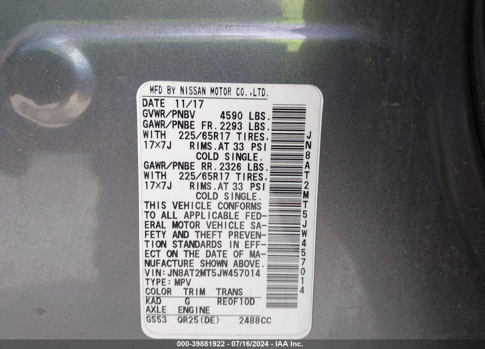 2018 NISSAN ROGUE VIN: JN8AT2MT5JW457014