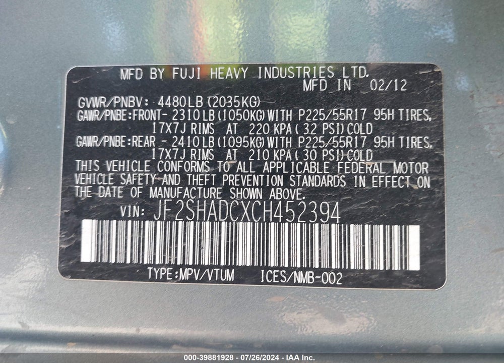 2012 SUBARU FORESTER 2.5X PREMIUM VIN: JF2SHADCXCH452394