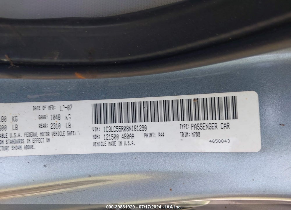 2008 CHRYSLER SEBRING TOURING VIN: 1C3LC55R08N181290