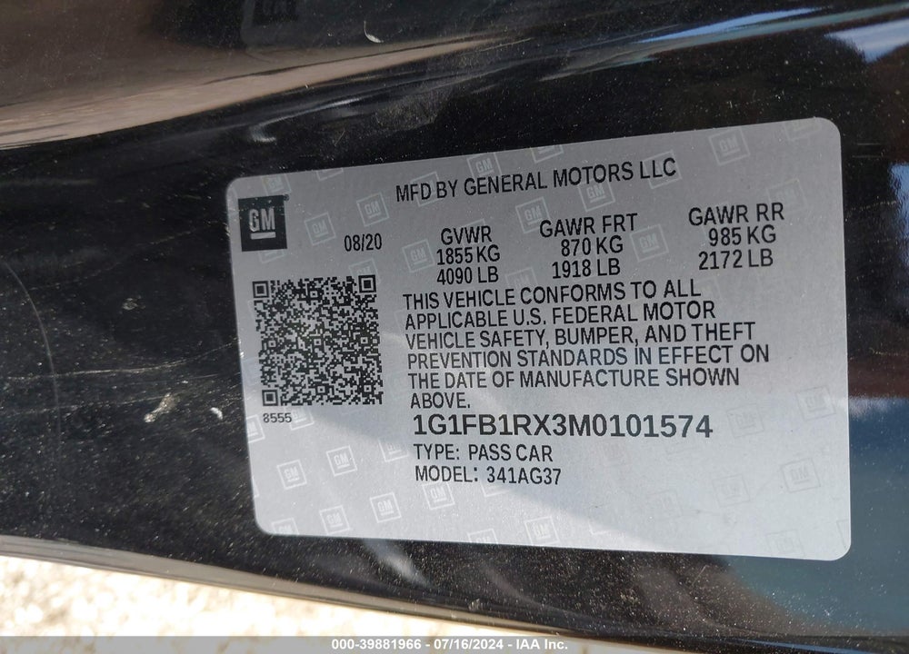 2021 CHEVROLET CAMARO RWD 1LT VIN: 1G1FB1RX3M0101574