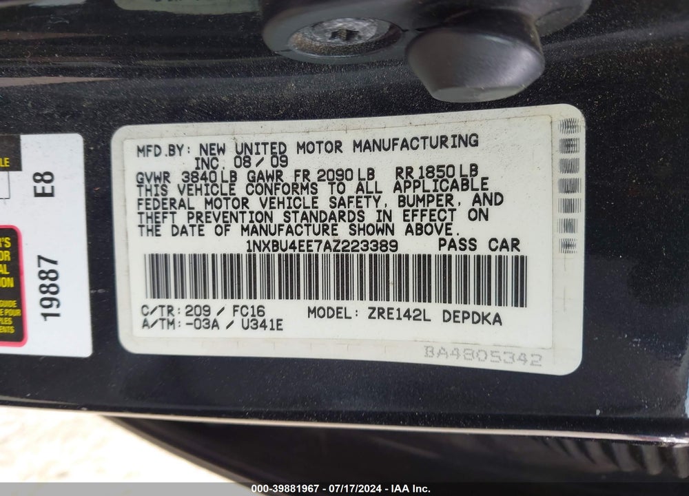 2010 TOYOTA COROLLA VIN: 1NXBU4EE7AZ223389
