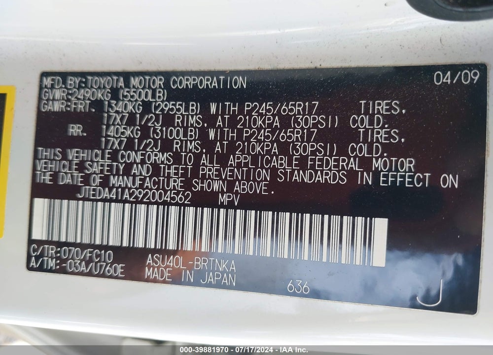2009 TOYOTA HIGHLANDER VIN: JTEDA41A292004562