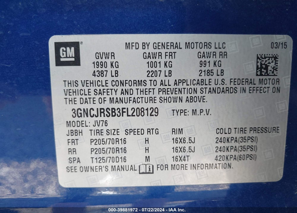 2015 CHEVROLET TRAX LT VIN: 3GNCJRSB3FL208129