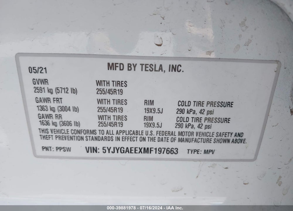 2021 TESLA MODEL Y LONG RANGE DUAL MOTOR ALL-WHEEL DRIVE VIN: 5YJYGAEEXMF197663
