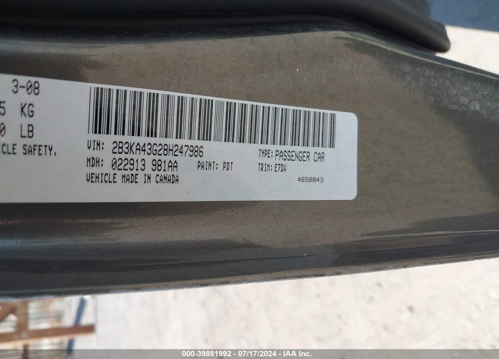 2008 DODGE CHARGER VIN: 2B3KA43G28H247986