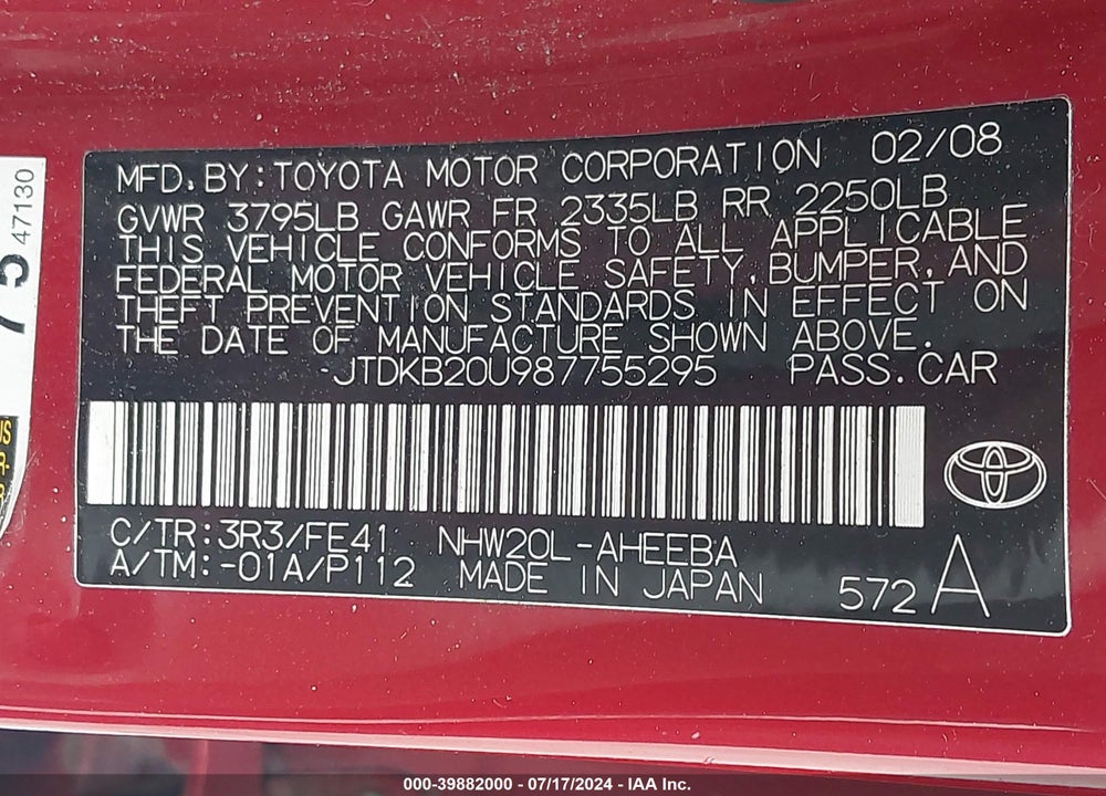 2008 TOYOTA PRIUS VIN: JTDKB20U987755295