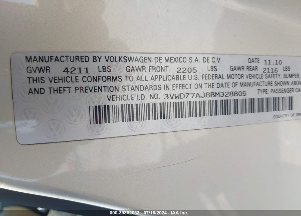 2011 VOLKSWAGEN JETTA 2.5L SE VIN: 3VWDZ7AJ8BM328805