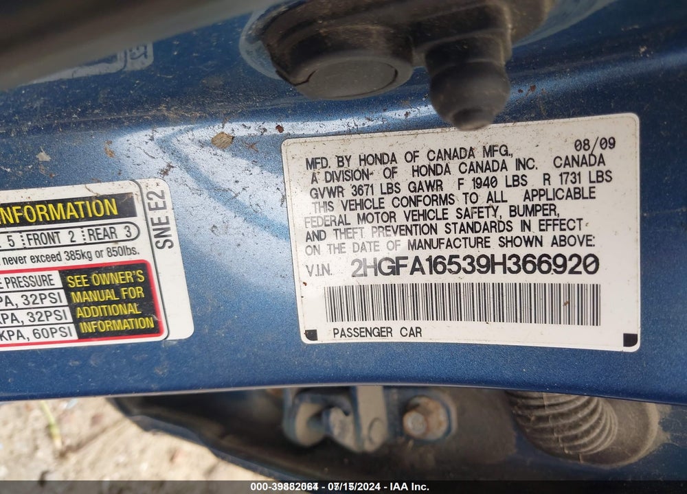 2009 HONDA CIVIC LX VIN: 2HGFA16539H366920