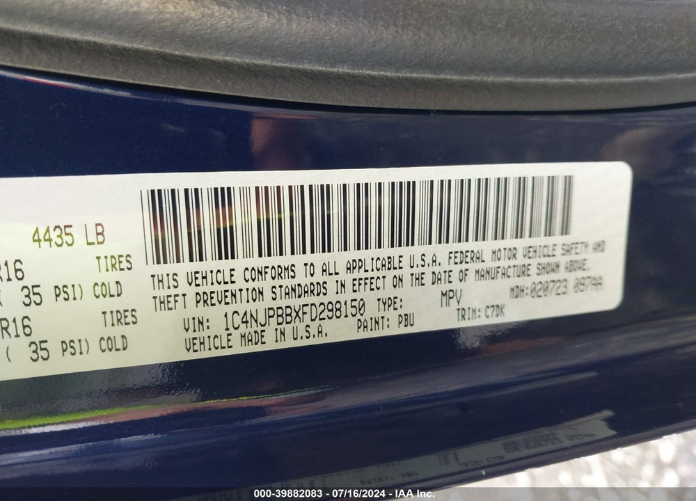 2015 JEEP PATRIOT SPORT VIN: 1C4NJPBBXFD298150