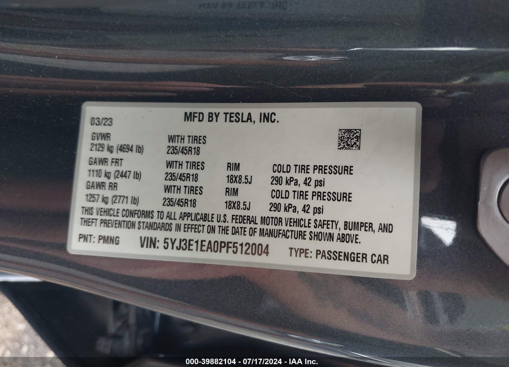 2023 TESLA MODEL 3 REAR-WHEEL DRIVE VIN: 5YJ3E1EA0PF512004