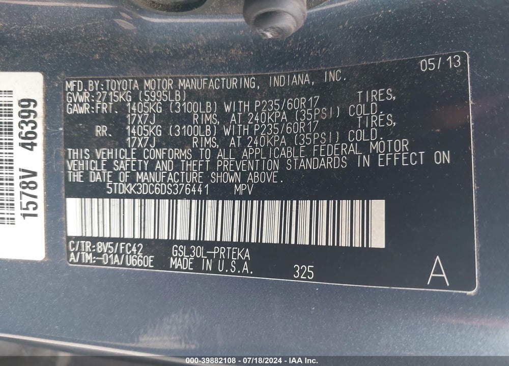 2013 TOYOTA SIENNA LE V6 8 PASSENGER VIN: 5TDKK3DC6DS376441