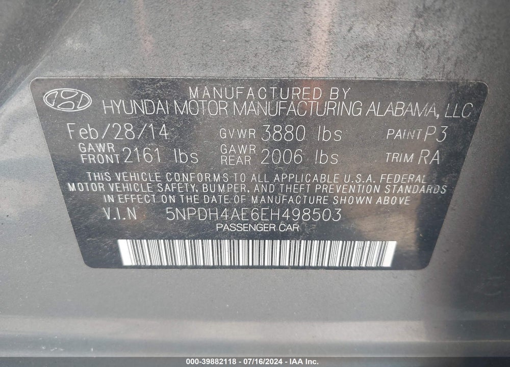 2014 HYUNDAI ELANTRA SE VIN: 5NPDH4AE6EH498503
