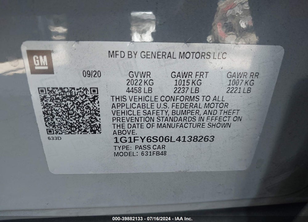 2020 CHEVROLET BOLT EV FWD LT VIN: 1G1FY6S06L4138263