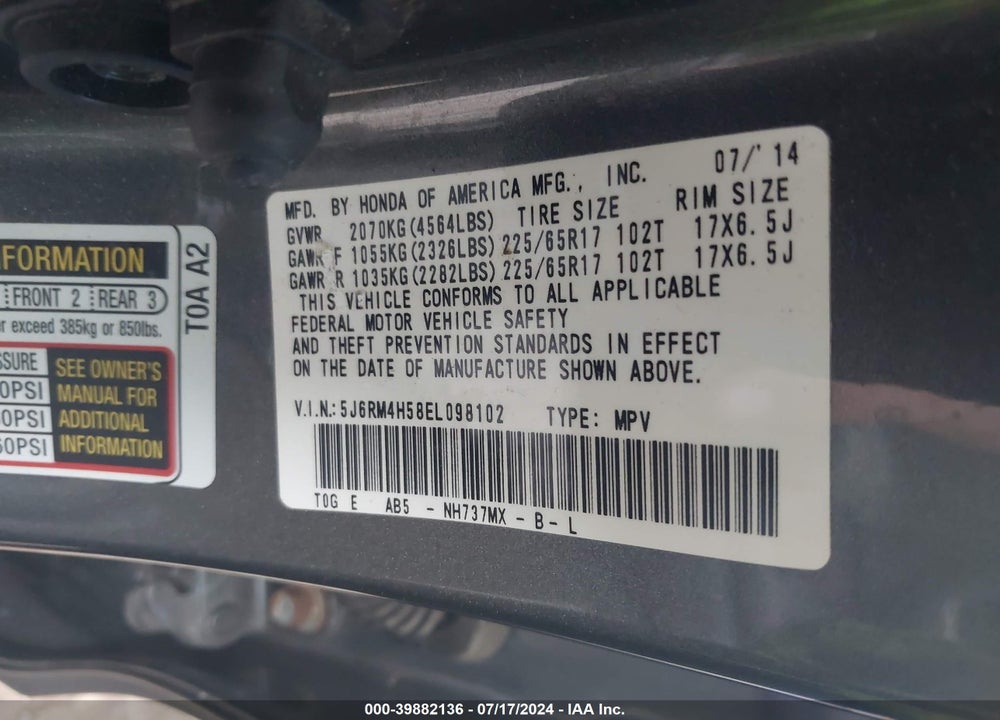 2014 HONDA CR-V EX VIN: 5J6RM4H58EL098102
