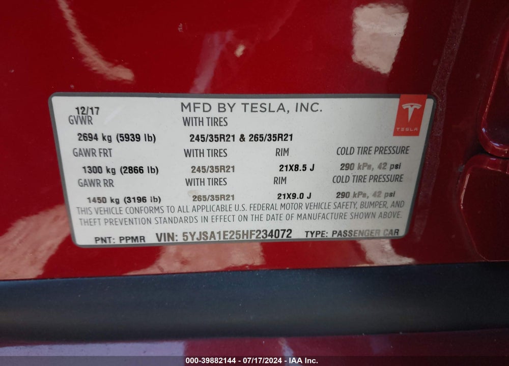 2017 TESLA MODEL S 100D/60D/75D/90D/P100D VIN: 5YJSA1E25HF234072