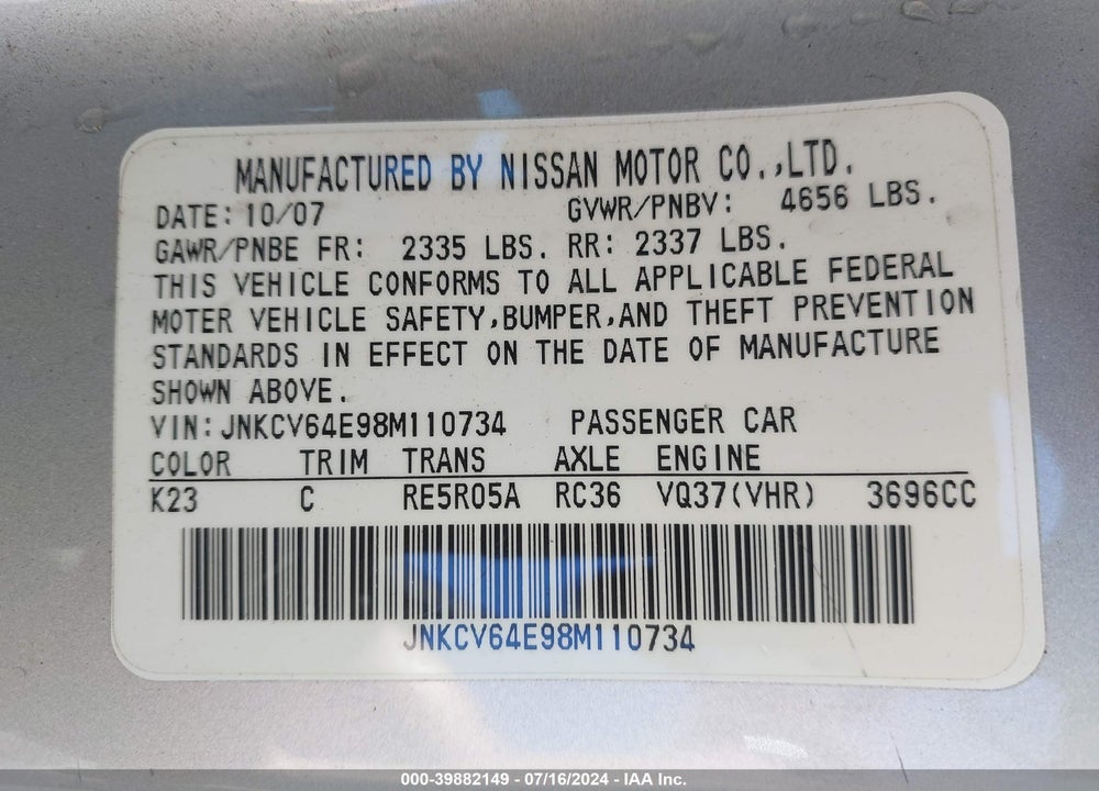 2008 INFINITI G37 JOURNEY VIN: JNKCV64E98M110734