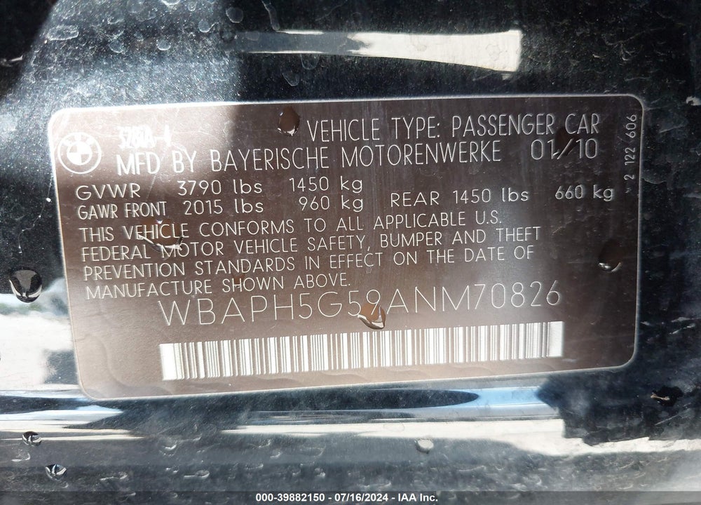 2010 BMW 328I VIN: WBAPH5G59ANM70826