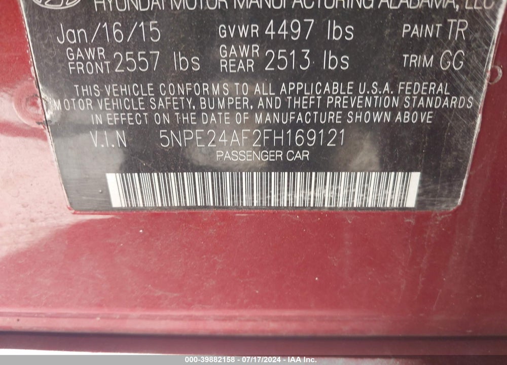 2015 HYUNDAI SONATA SE VIN: 5NPE24AF2FH169121