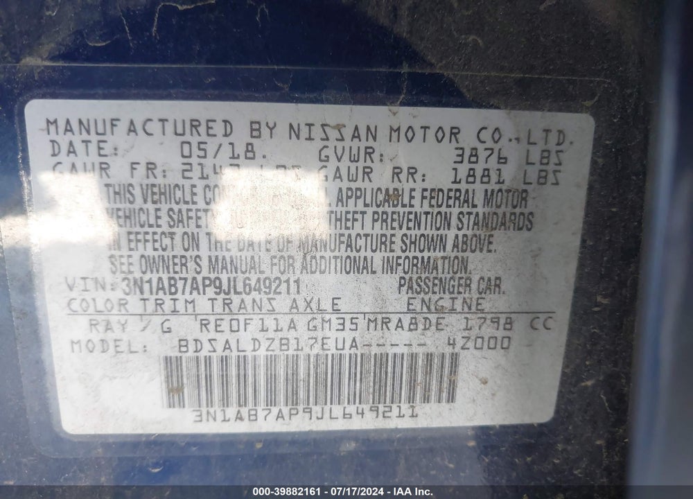 2018 NISSAN SENTRA SV VIN: 3N1AB7AP9JL649211
