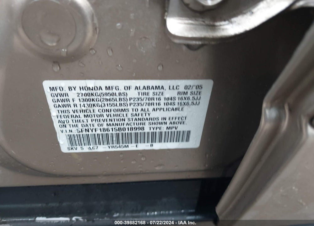 2005 HONDA PILOT EX-L VIN: 5FNYF18615B018998