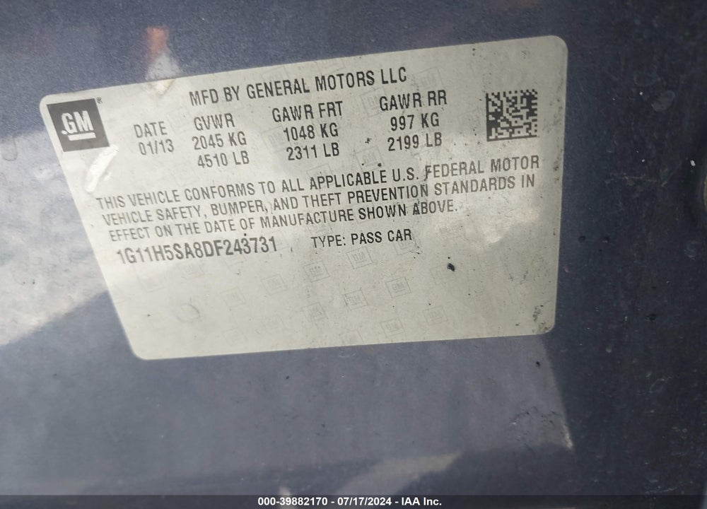 2013 CHEVROLET MALIBU VIN: 1G11H5SA8DF243731