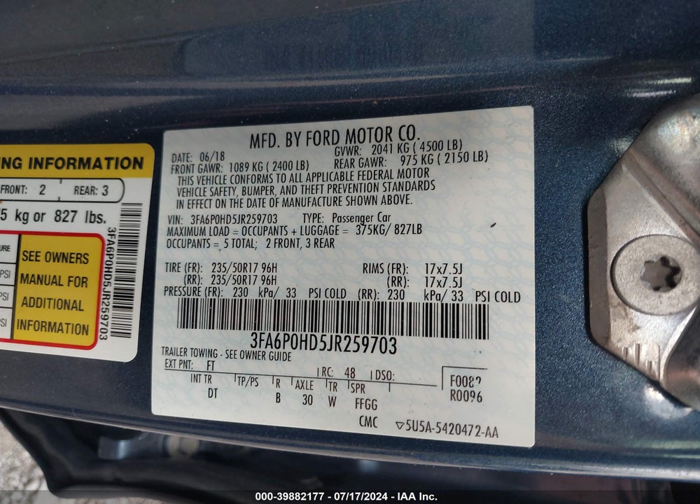 2018 FORD FUSION SE VIN: 3FA6P0HD5JR259703