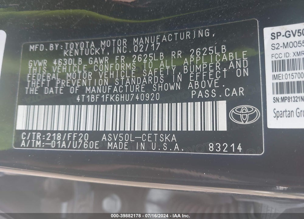 2017 TOYOTA CAMRY SE VIN: 4T1BF1FK6HU740920
