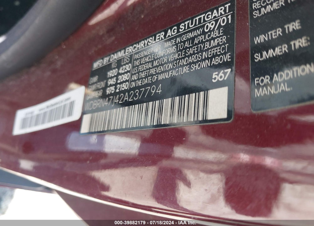 2002 MERCEDES-BENZ C 230 VIN: WDBRN47J42A237794