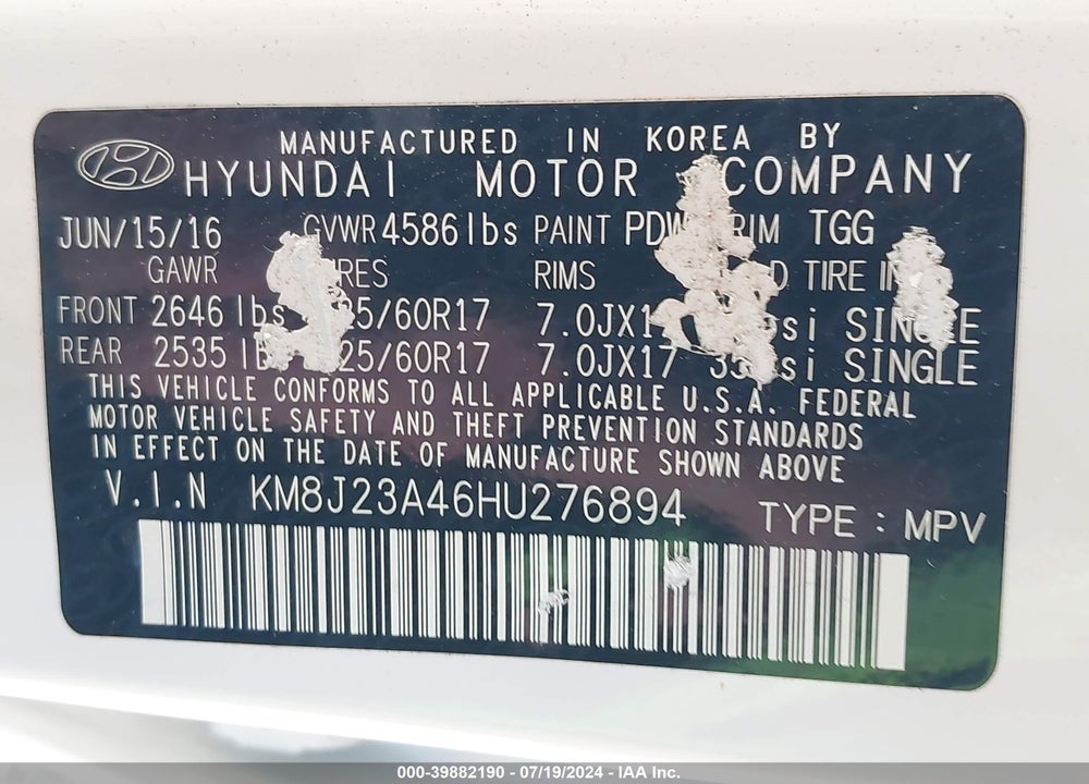 2017 HYUNDAI TUCSON SE VIN: KM8J23A46HU276894