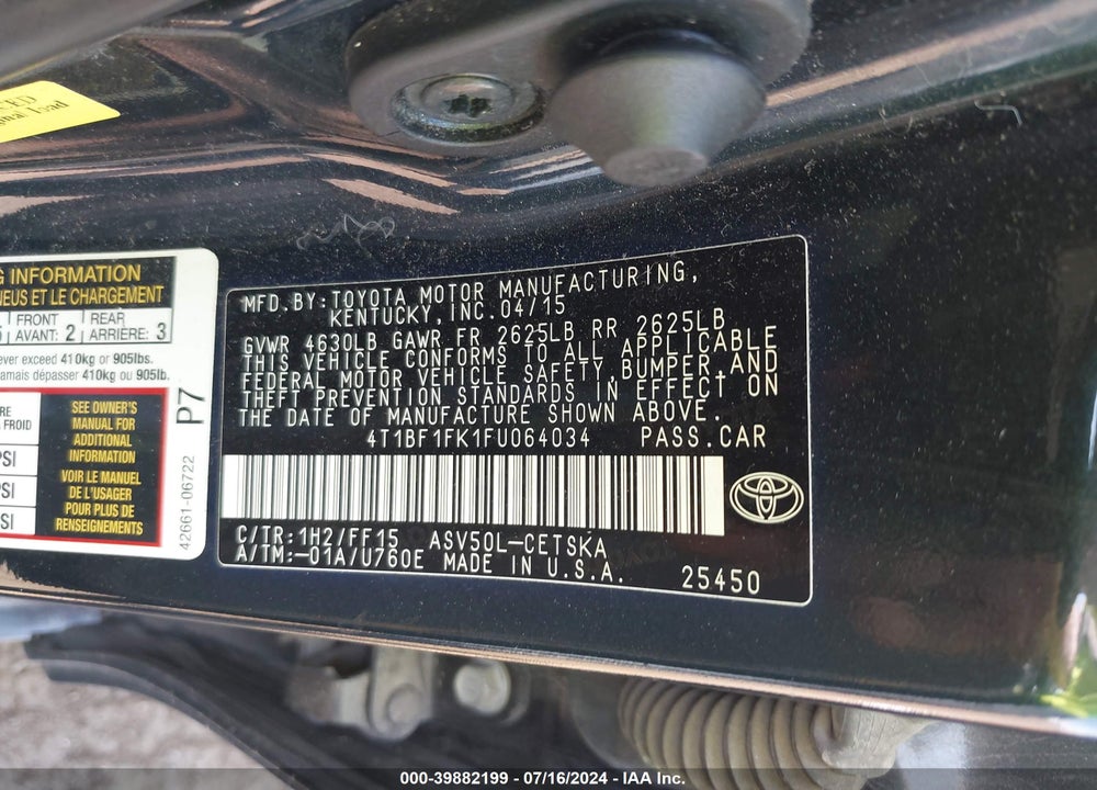 2015 TOYOTA CAMRY SE VIN: 4T1BF1FK1FU064034