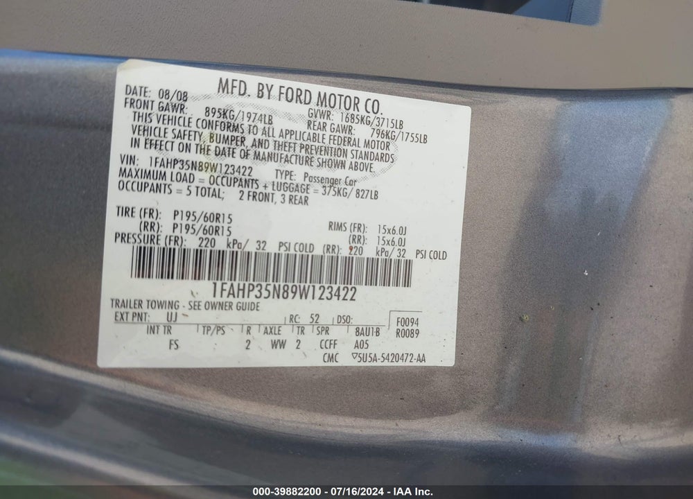 2009 FORD FOCUS SE VIN: 1FAHP35N89W123422