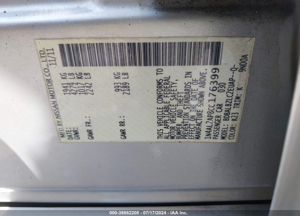 2012 NISSAN ALTIMA VIN: 1N4AL2AP8CC176399