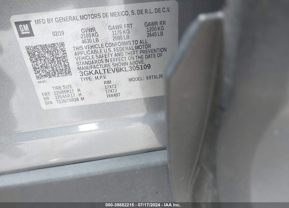 2019 GMC TERRAIN SLE VIN: 3GKALTEV6KL305109