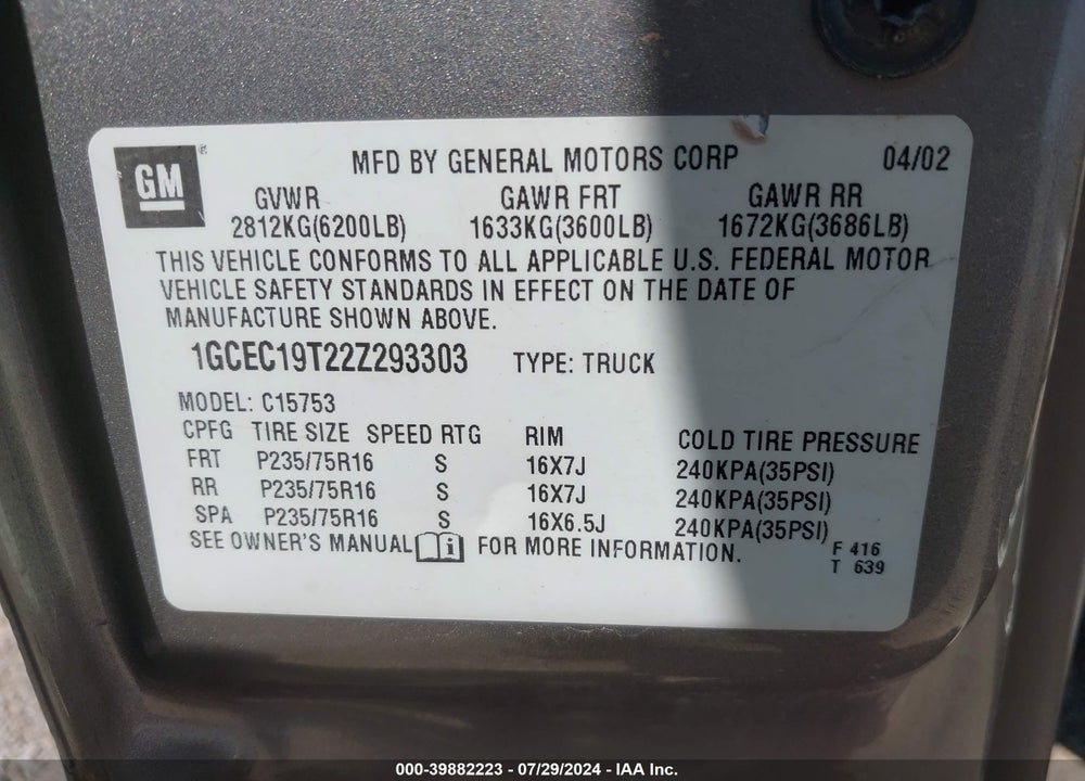 2002 CHEVROLET SILVERADO 1500 LS VIN: 1GCEC19T22Z293303