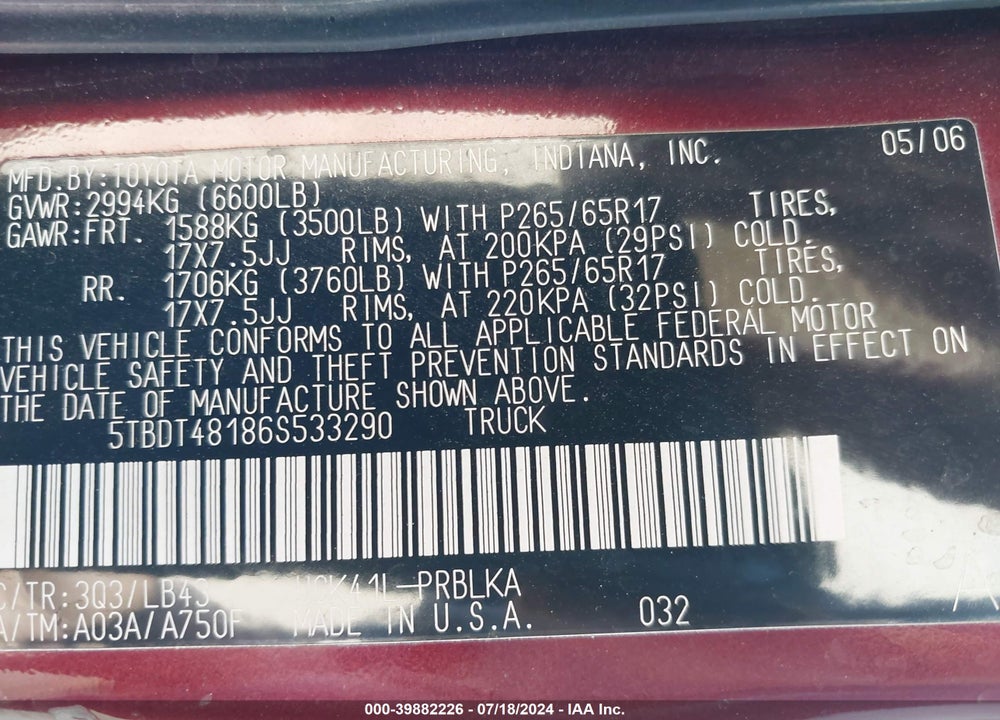 2006 TOYOTA TUNDRA LIMITED V8 VIN: 5TBDT48186S533290
