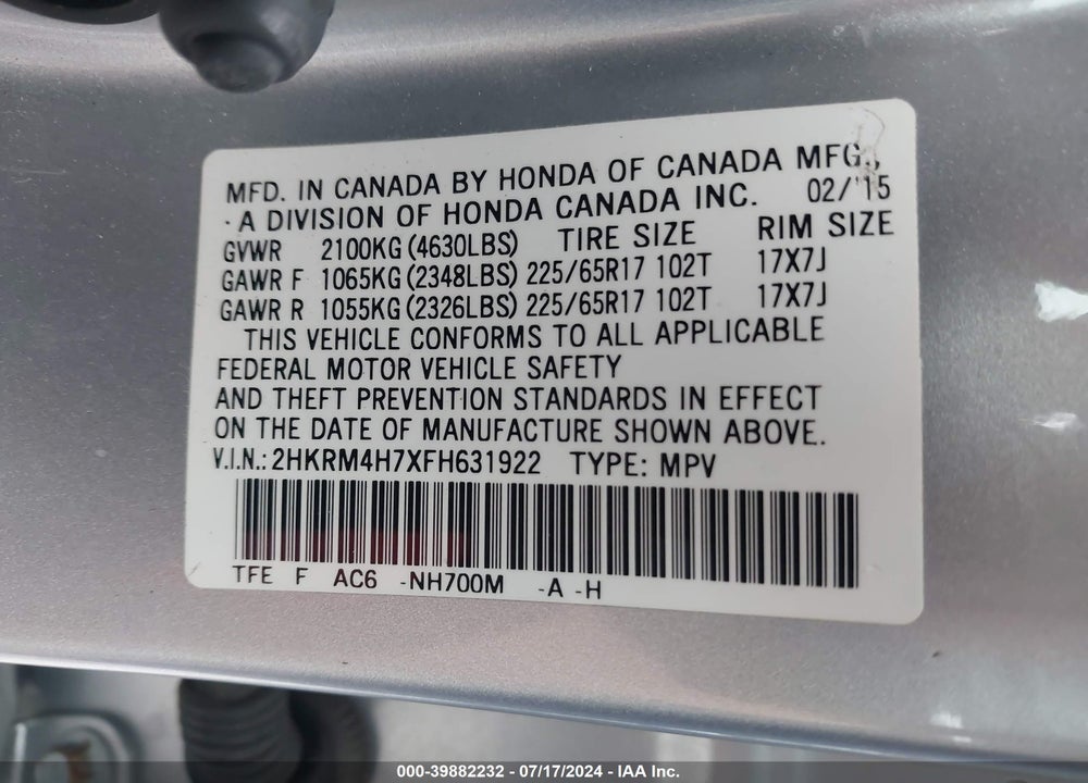 2015 HONDA CR-V EX-L VIN: 2HKRM4H7XFH631922
