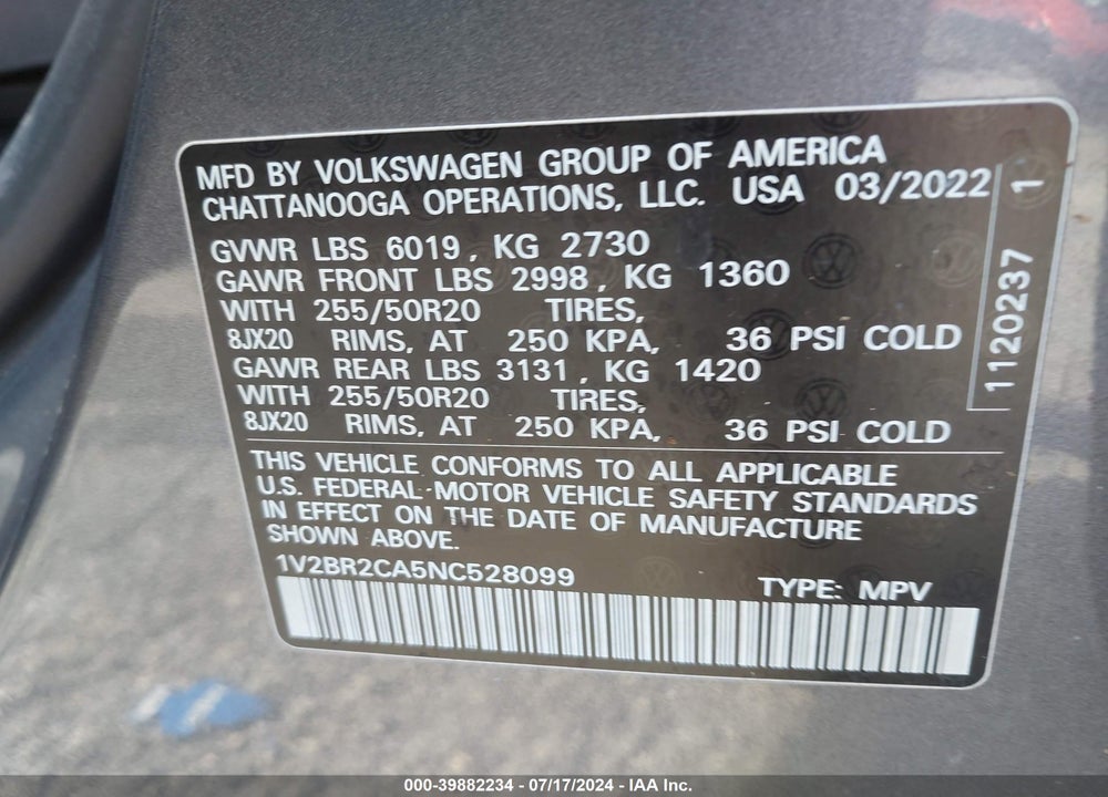 2022 VOLKSWAGEN ATLAS 3.6L V6 SEL VIN: 1V2BR2CA5NC528099