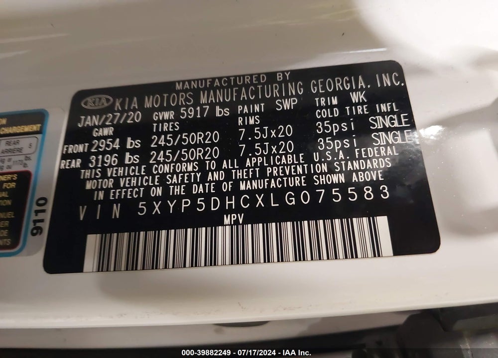 2020 KIA TELLURIDE SX VIN: 5XYP5DHCXLG075583