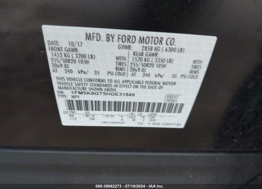 2017 FORD EXPLORER SPORT VIN: 1FM5K8GT5HGE31849