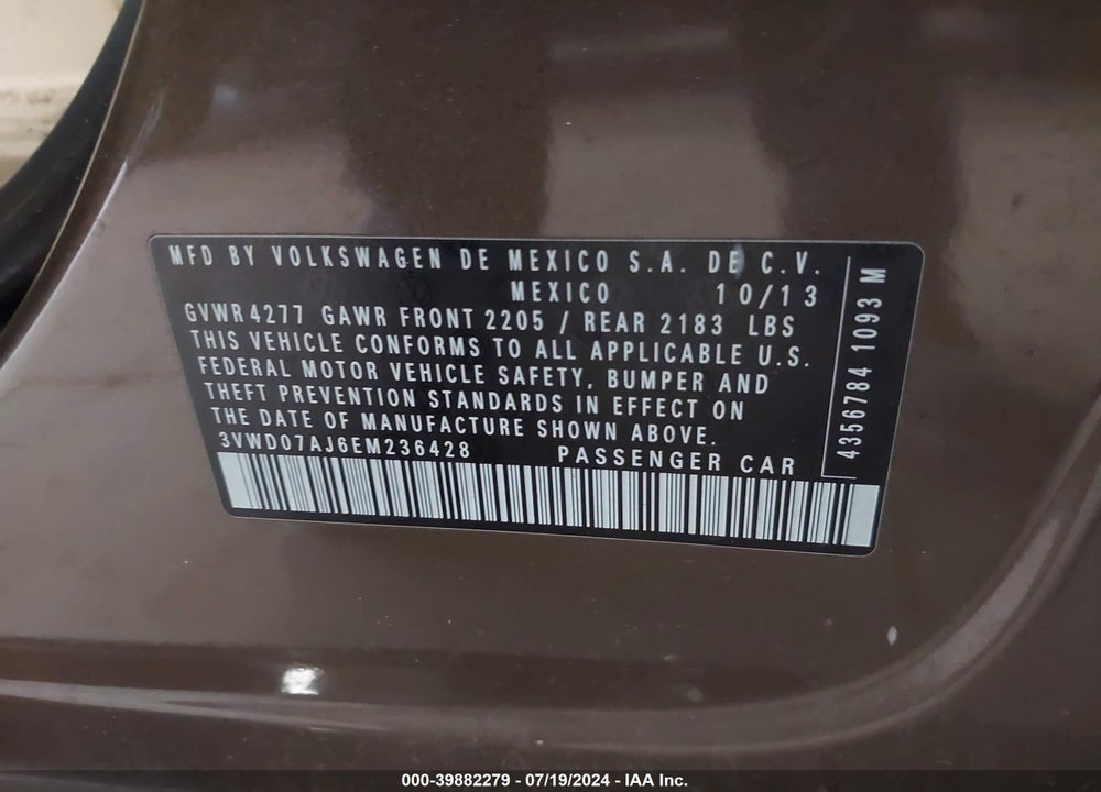 2014 VOLKSWAGEN JETTA 1.8T SE VIN: 3VWD07AJ6EM236428