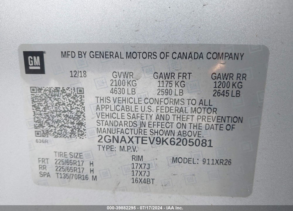 2019 CHEVROLET EQUINOX LT VIN: 2GNAXTEV9K6205081
