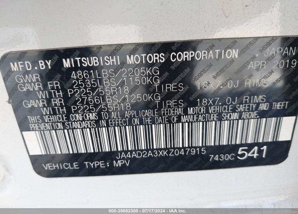 2019 MITSUBISHI OUTLANDER ES VIN: JA4AD2A3XKZ047915