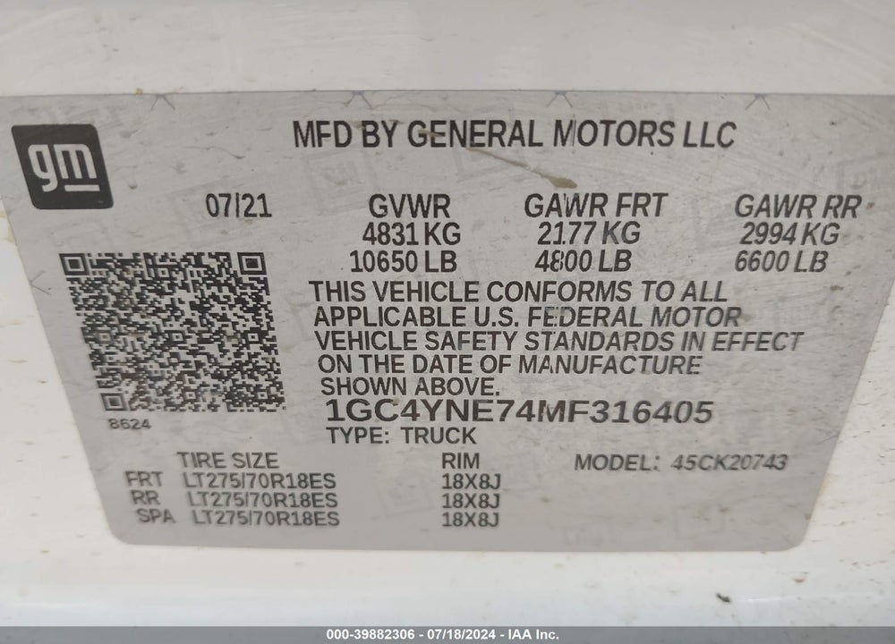2021 CHEVROLET SILVERADO 2500HD 4WD STANDARD BED LT VIN: 1GC4YNE74MF316405
