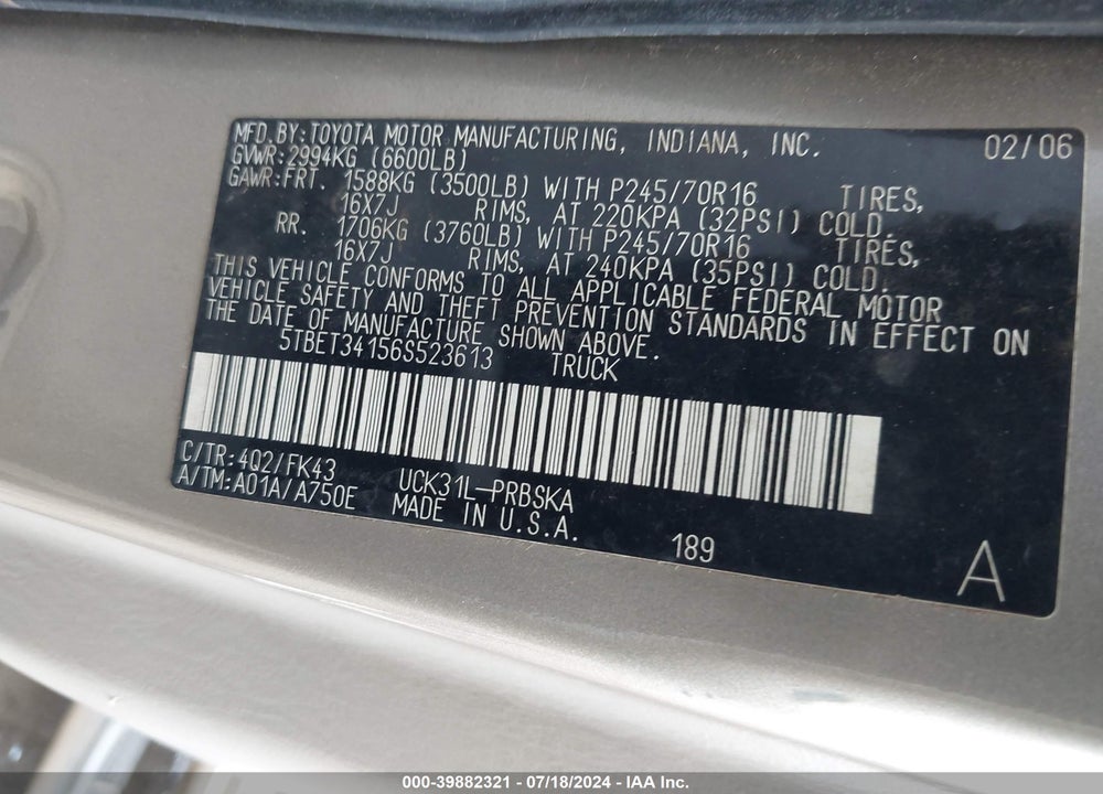 2006 TOYOTA TUNDRA SR5 V8 VIN: 5TBET34156S523613