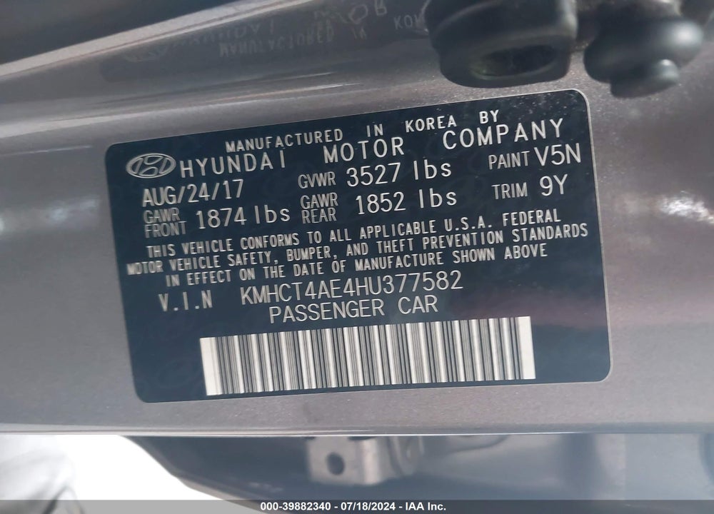 2017 HYUNDAI ACCENT SE VIN: KMHCT4AE4HU377582